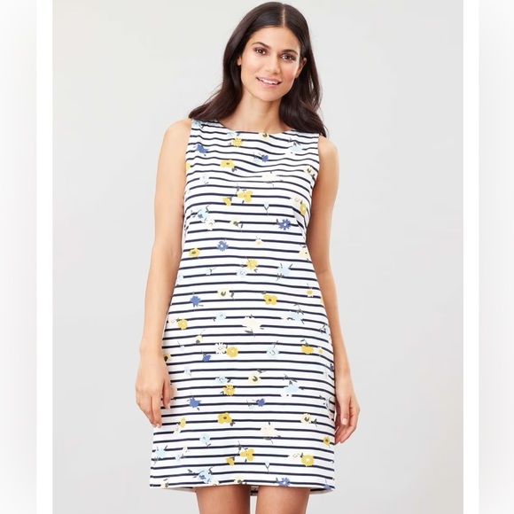 Joules Sleeveless Knee Length Flower Printed Striped Shift Dress Size 10 - Picture 1 of 6